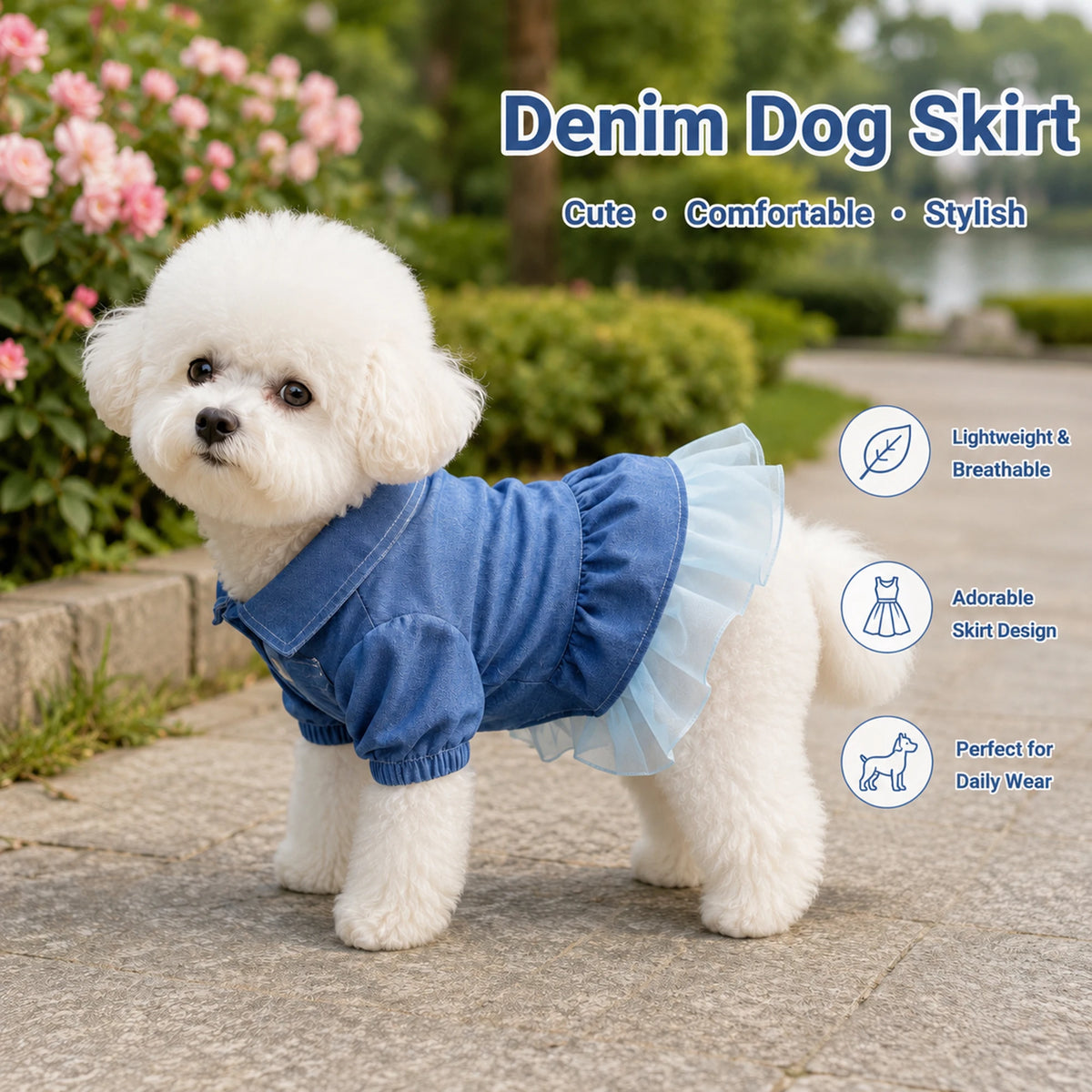 Cute Denim Ruffle Dog Dress for Small Dogs.